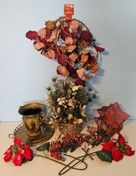 Assortment Of Faux Flowers & Fruit Bouquets Incl Decorative Metal Vase & More
