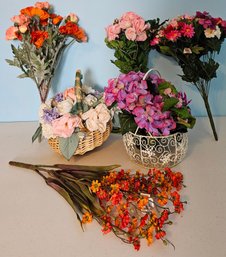 Assortment Of Colorful Faux Flowers & White Wire Basket