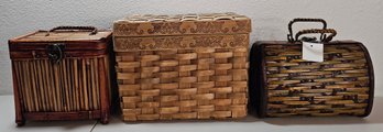 3 Small Wicker/wooden Picnic Baskets/doll Accessory