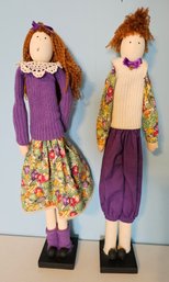 Handmade Twin Dolls In Matching Outfits Made Of Wood & Cloth