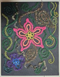 Hand Made Floral Crochet Art On Black Fabric Canvas