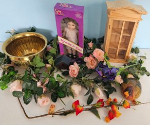Assortment Of Pink Artificial Roses, Brass-tone Planter, Craft Doll & More