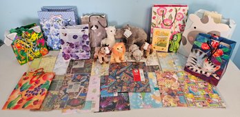 An Excellent Assortment Of Ty Beanie Babies, VTG Wrapping Paper, Gift Bags And Tissue