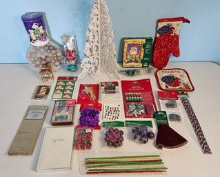 Assortment Of Christmas Decor Incl Glass Ornaments, Mini Tree Skirt, White Sparkle Cut Out Tree, Tins & More