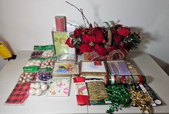 Assortment Of Christmas Decor Incl Poinsettias Wicker Basket, Holiday Cards, Glass Ornaments & More