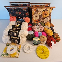Lot Of Yarn Incl Chunky, Colorful, Yarn Looms & Fabric Yarn Bags