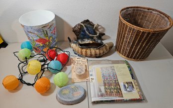 Mostly Fish Theme Vanity Items & Decor Incl Waste Basket, Paper Lantern Decor, Wicker Basket & More