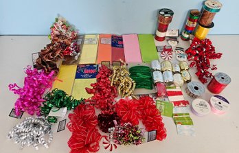 Lot Of Mostly Christmas Ribbon, Gift Tags, Tissue Paper & More