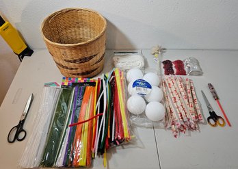 Craft Supplies Incl Styrofoam Spheres, Wicker Basket, Pipe Cleaners & More