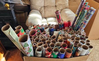 Large Assortment Of Mostly Christmas Theme Wrapping Paper Incl Vintage, Patterned, Colored & More