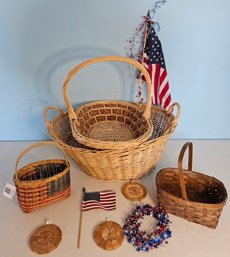 Lot Of Large Wicker Baskets & Fourth Of July Decor