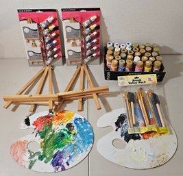 Painting Supply Lot Incl Acrylic Paint, Wooden Easels, Paint Brushes & Oil Paint Kit
