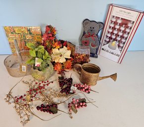 Miscellaneous Fall Decor Lot Incl Wicker Cornucopia, Faux Flowers, Tealight Candles & More