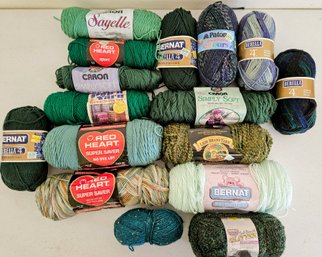 Assortment Of Mostly Acrylic Yarn In Greens & Multicolor Incl Bernat, Red Heart, Lion Brand & More