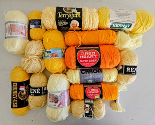 Assortment Of Mostly Acrylic Yarn Skeins In Oranges & Yellows By Red Heart, Rene, Lion Brand & More