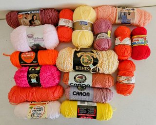 Lot Of Mostly Acrylic Yarns In Pinks, Yellows & Orange By Red Heart, Bernat, Caron & More