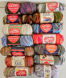 Assortment Of Multicolor Yarn Skeins, Mostly Acrylic By Red Heart Fiesta, Super Saver & More
