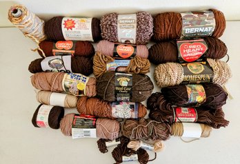 Assortment Of Mostly Acrylic Yarn Skeins In Brown By Lion Brand, Red Heart, Caron & More