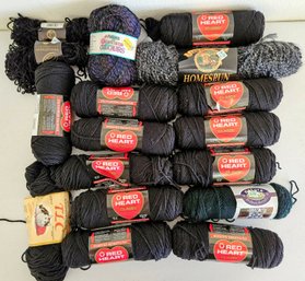Lot Of Mostly Acrylic Yarns In Black By Red Heart, Lion Brand & More