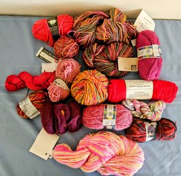 Lot Of Pinks & Reds Specialty Yarn Incl 100 Wool And Wool Blends By Lambs Pride, Lion Brand, Reynolds & More