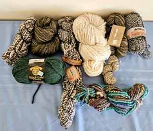 Lot Of Wool Blend Yarns Incl Cream, Brown, Greens By Lion Brand & Hand Made