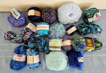 Fun Specialty Yarn Lot Of Blues & Green Incl Lion Brand, Chenille, Chunky & More