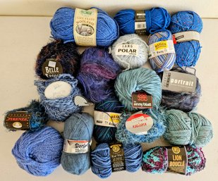 Blue Yarn Lot Of Mostly Wool Blends By Artful, Lion Brand & More