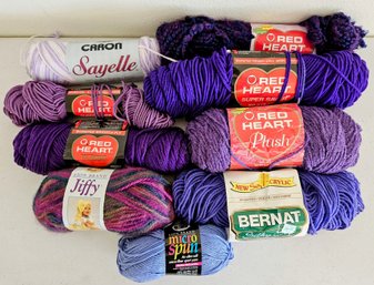 Lot Of Mostly Purple Acrylic Yarn Incl Red Heart, Lion Brand & More