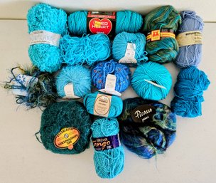 Assorted Lot Of Yarn Incl Mohair/wool Blends, Acrylic & More In Mostly Blues By Red Heart, Katia & More