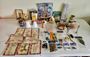 Assortment Of Craft Supplies Incl Cording, Wooden Bird Houses, Ribbon, Styrofoam, Embroidery Appliques & More