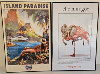 2 Posters In Plastic Frames Incl Island Paradise & Elephant Flamingo