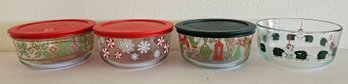 4 Christmas Theme Pyrex Glass Dishes With 3 Lids