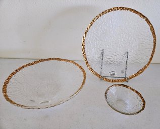 3pc Set Decorative Pressed Glass With Gold-tone Trim Bowls & Platter By Mervyns