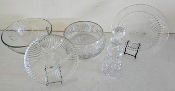 Assortment Of Cut & Pressed Glass Dishes Incl Decanter, Plate, Bowl & More