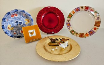 Fun Chicken/harvest Theme Lot Incl Bowls, Plates, Milk Glass Hen & Chicks And Hot Pad