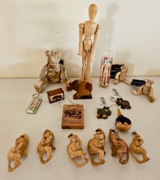 Wooden Trinkets Incl Human Figurines, Key Chains, Hand Carved Monkeys & More
