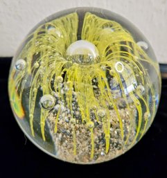 Clear And Yellow Hand Blown Glass Paperweight