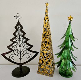 3 Metal/tin Christmas Trees Incl Green, Gold-tone & Brown