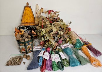 Holiday Decor & Crafting Lot Incl Green/red Basket, Holiday Bell,  Crafting Twist Paper