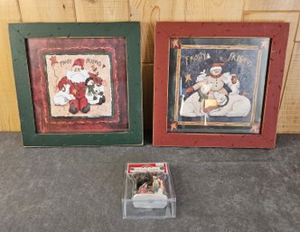 2 Holiday Prints In Wooden Frames And A Holiday Time Nativity Scene Decor
