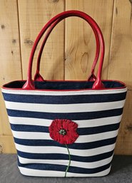 Bath And Body Works Blue And White Striped With Red Poppy Hand Bag