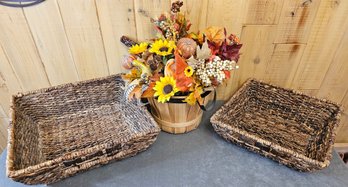 An Assortment Of Fall Decor Incl. Baskets And Faux Flowers And Gourds