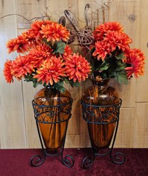 Rust Art Glass Bud Vase With Fall Faux Flowers