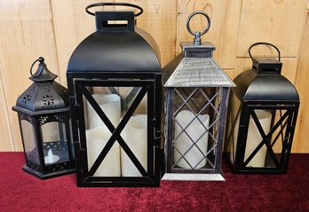 Black Metal Lanterns With LED Candles And Brushed Plastic Lantern