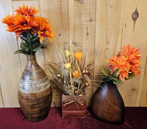 2 Clay Vases With Faux Flowers And A Brown Decorative Bag With Fall Artificial Flowers