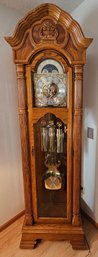 Beautiful Sligh Brand Oak Wood Grand Father Clock Gold Glass Display With Care Manual