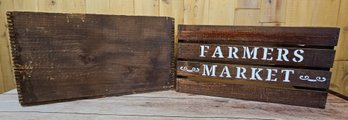 2 Vintage Wooden Crates Incl. Farmers Market And One Unmarked Box With Dovetail Corners