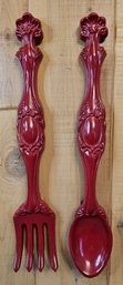 Red Ceramic Fork And Spoon. Wall Decoration.