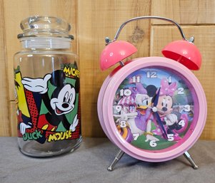 Disney Minnie Mouse Clock And Glass Donald Duck And Mickey Mouse Jar