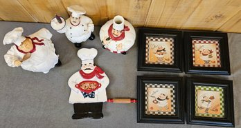 Large Assortment Of Bistro Decor Incl Tiles In Wooden Frames, Ceramic Spoon Holder And More